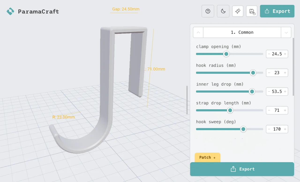 ParamaCraft editor — adjusting a hook's parameters with live preview